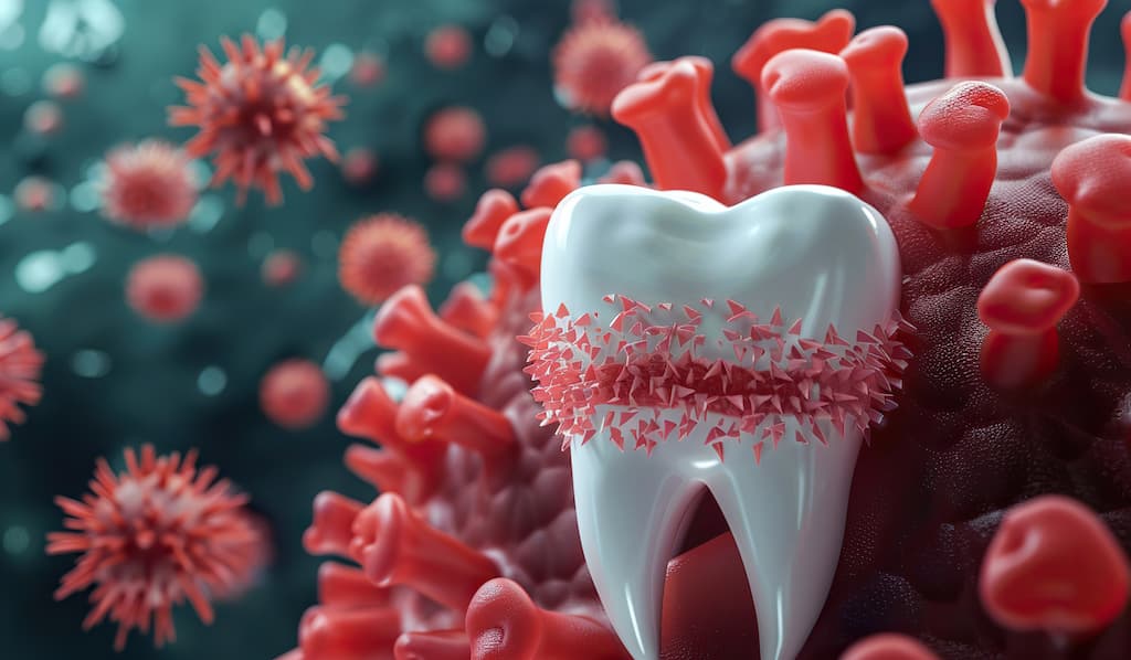Peri-implantitis infection in a mouth.