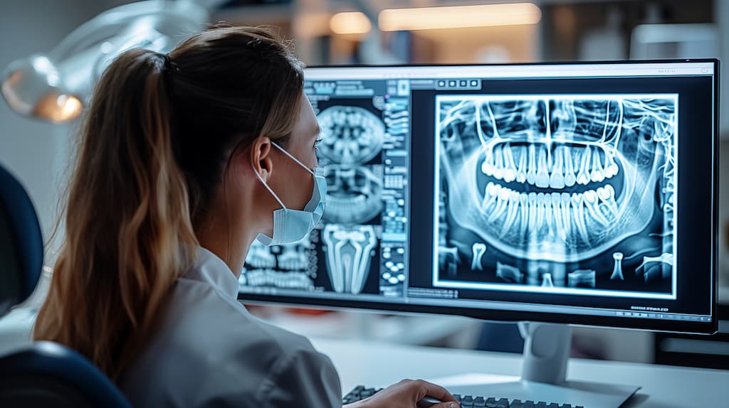 A dentist examines a CT scan of a patient.