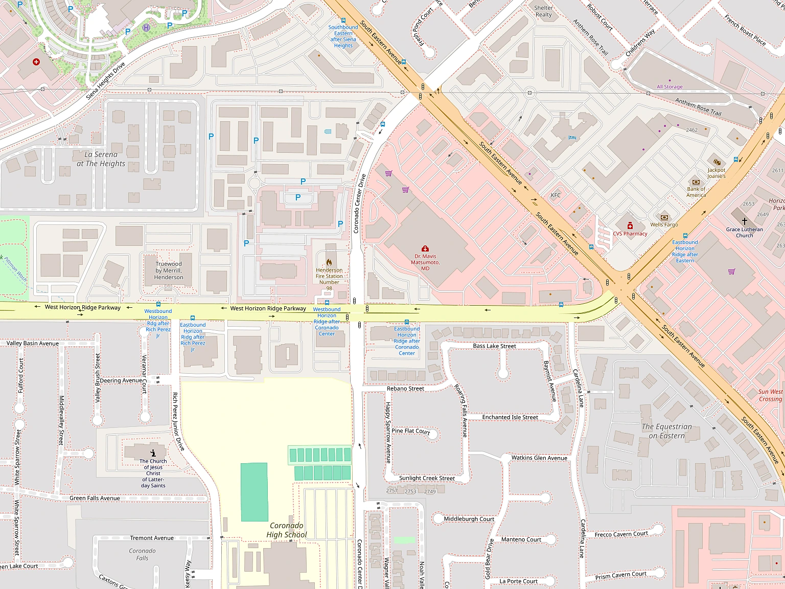 Map showing the Comprehensive Dental Implant Center office on West Horizon Ridge Parkway in Henderson