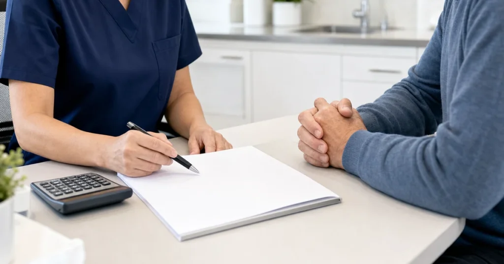 Dental professional reviewing treatment costs with a patient during a consultation