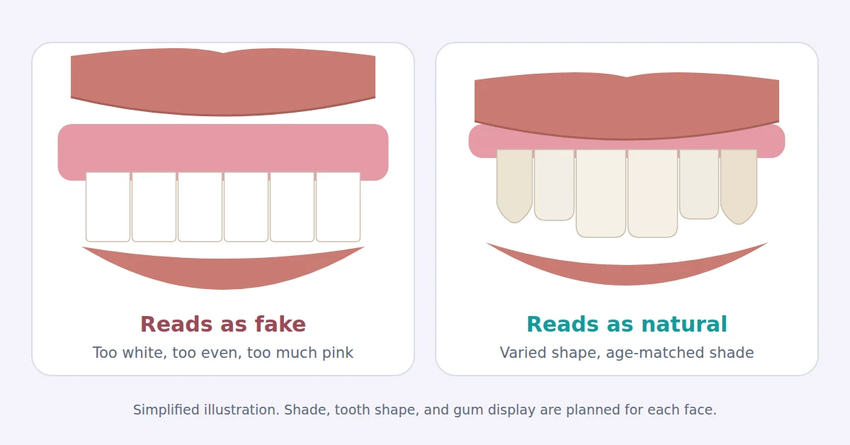 Natural looking dentures compared with a fake-looking set: varied tooth shapes and an age-matched shade versus bright, uniform teeth