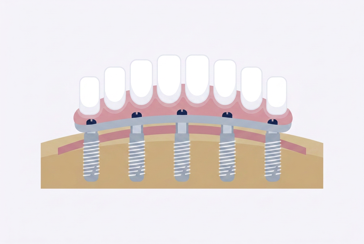Fixed bridge on a metal frame screwed to five implants in the bone
